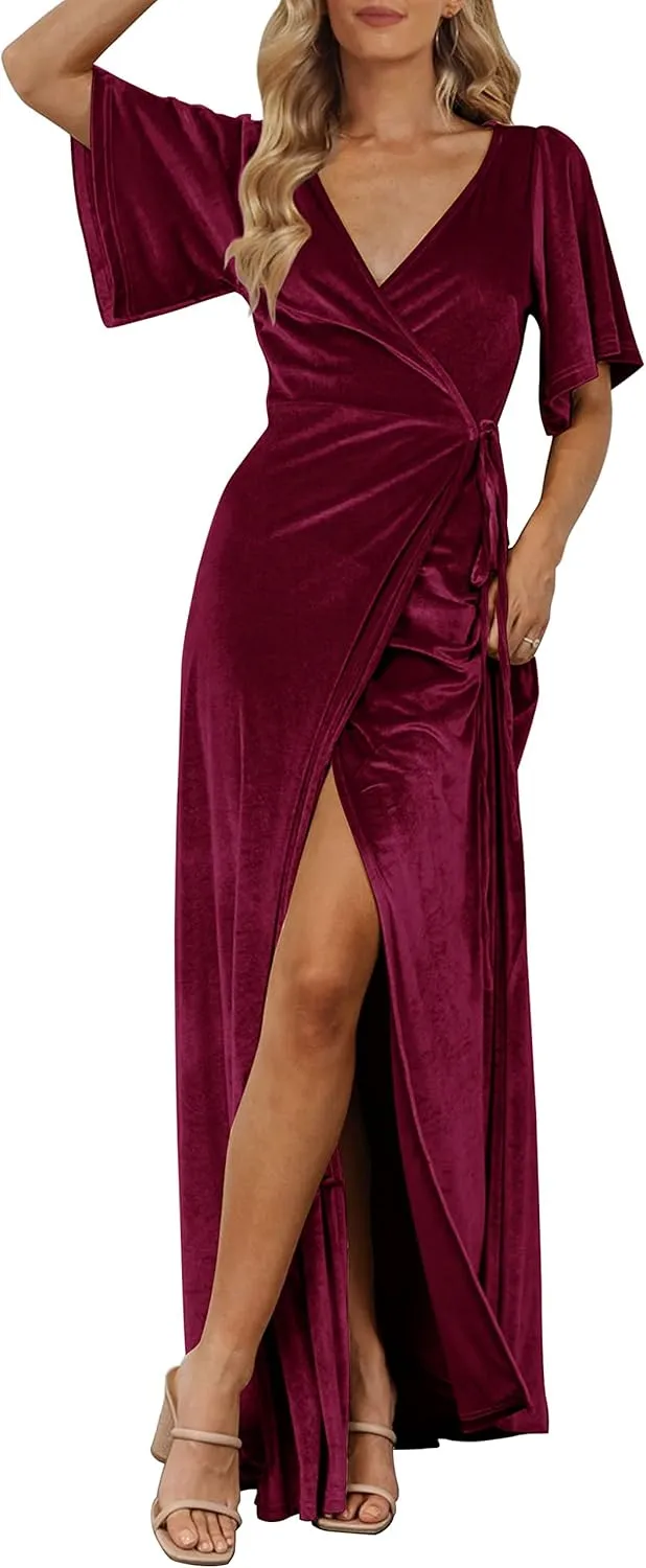 MEROKEETY Women's V Neck Wrap Velvet Maxi Dress Bell Sleeve Split Bridesmaid Cocktail Party Dresses
