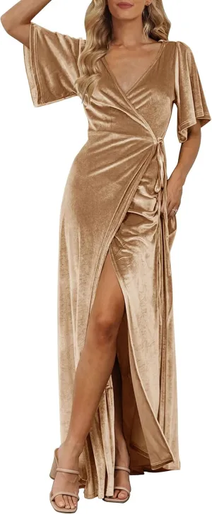 MEROKEETY Women's V Neck Wrap Velvet Maxi Dress Bell Sleeve Split Bridesmaid Cocktail Party Dresses