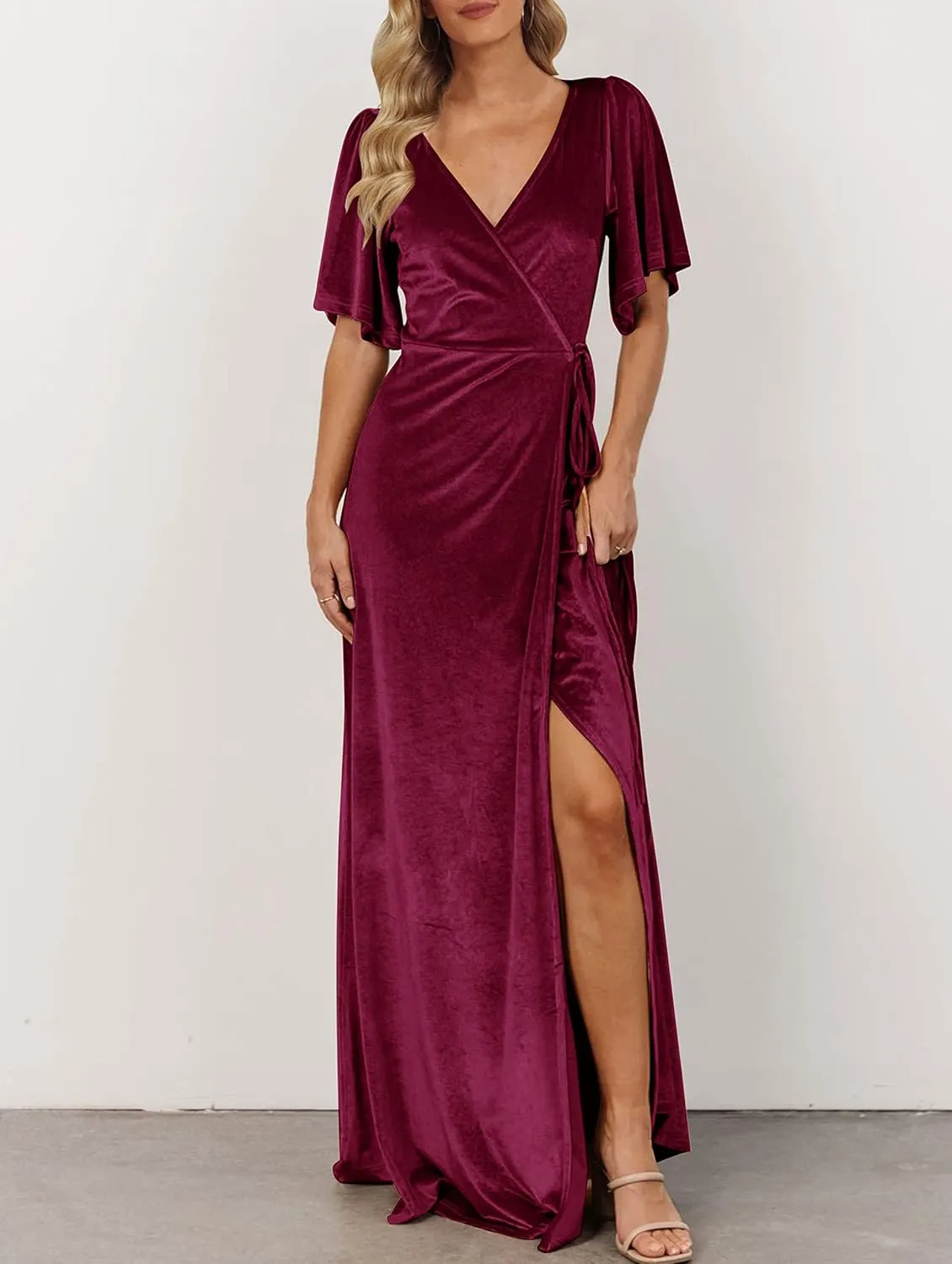 MEROKEETY Women's V Neck Wrap Velvet Maxi Dress Bell Sleeve Split Bridesmaid Cocktail Party Dresses