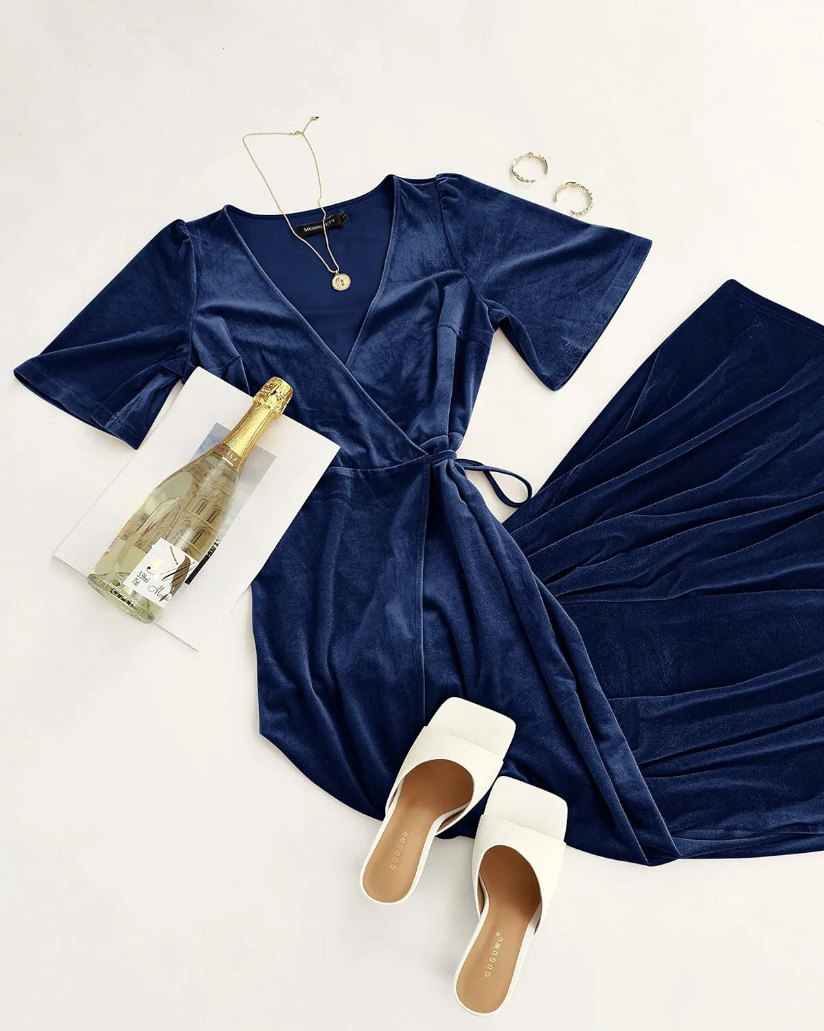 MEROKEETY Women's V Neck Wrap Velvet Maxi Dress Bell Sleeve Split Bridesmaid Cocktail Party Dresses