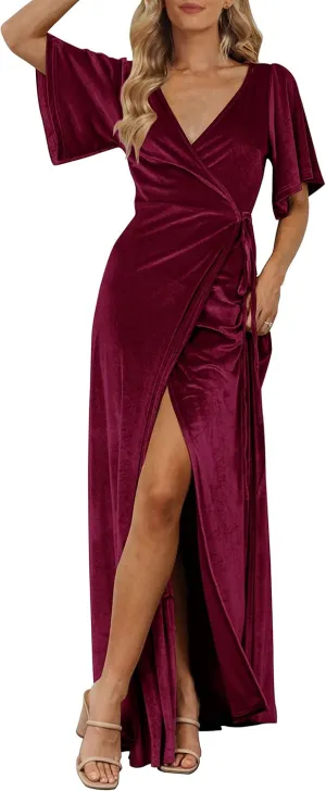 MEROKEETY Women's V Neck Wrap Velvet Maxi Dress Bell Sleeve Split Bridesmaid Cocktail Party Dresses