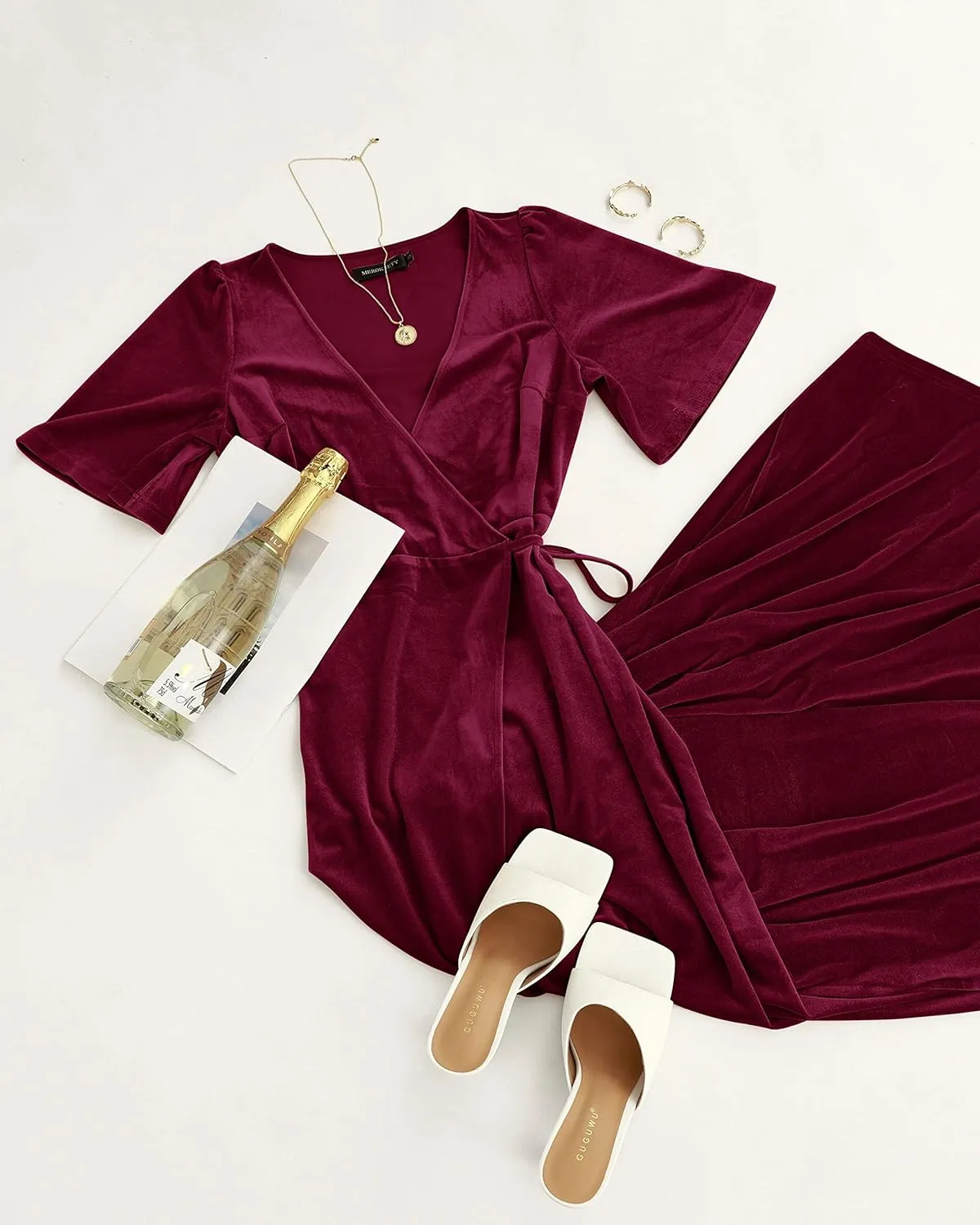 MEROKEETY Women's V Neck Wrap Velvet Maxi Dress Bell Sleeve Split Bridesmaid Cocktail Party Dresses