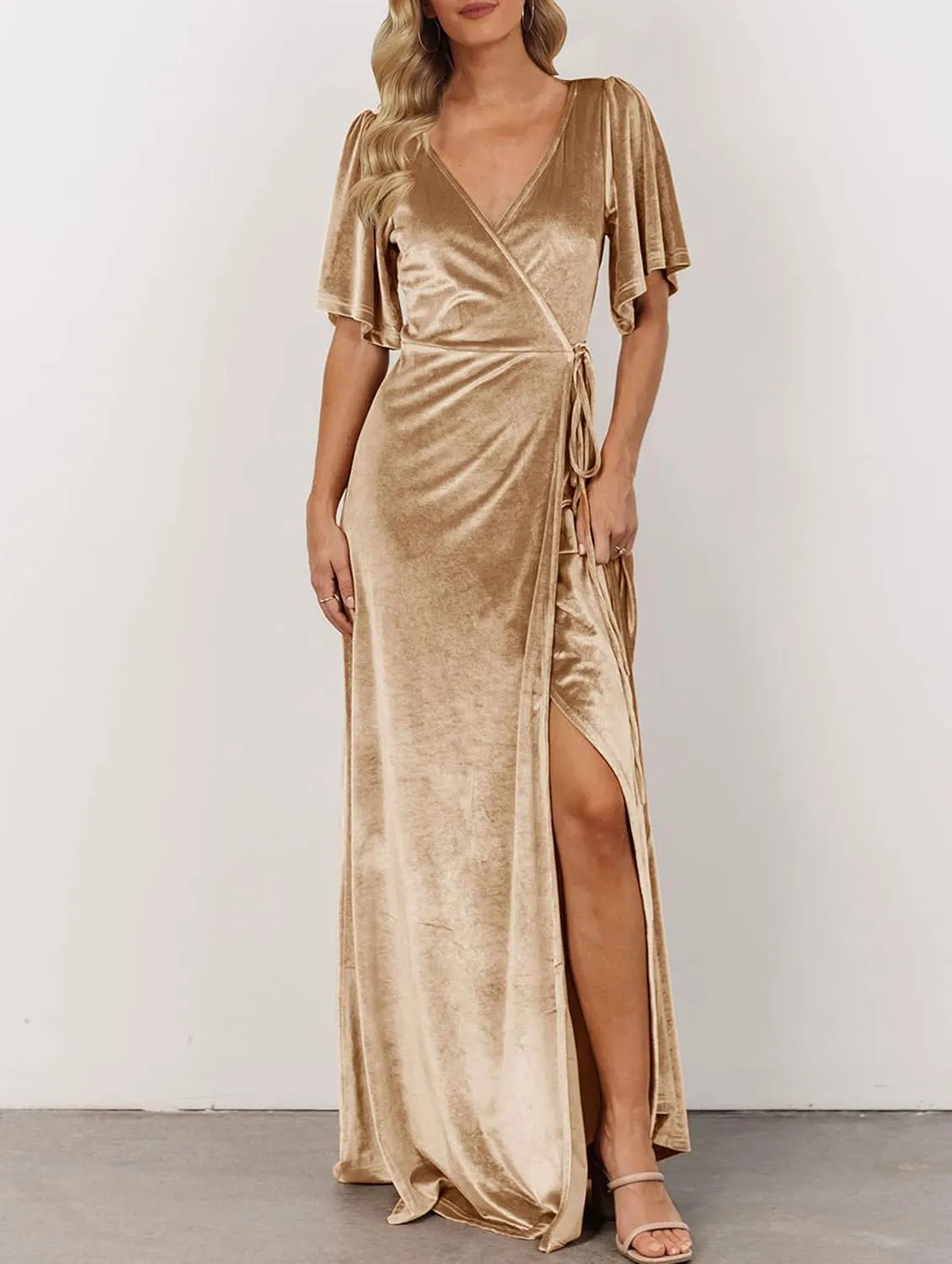 MEROKEETY Women's V Neck Wrap Velvet Maxi Dress Bell Sleeve Split Bridesmaid Cocktail Party Dresses