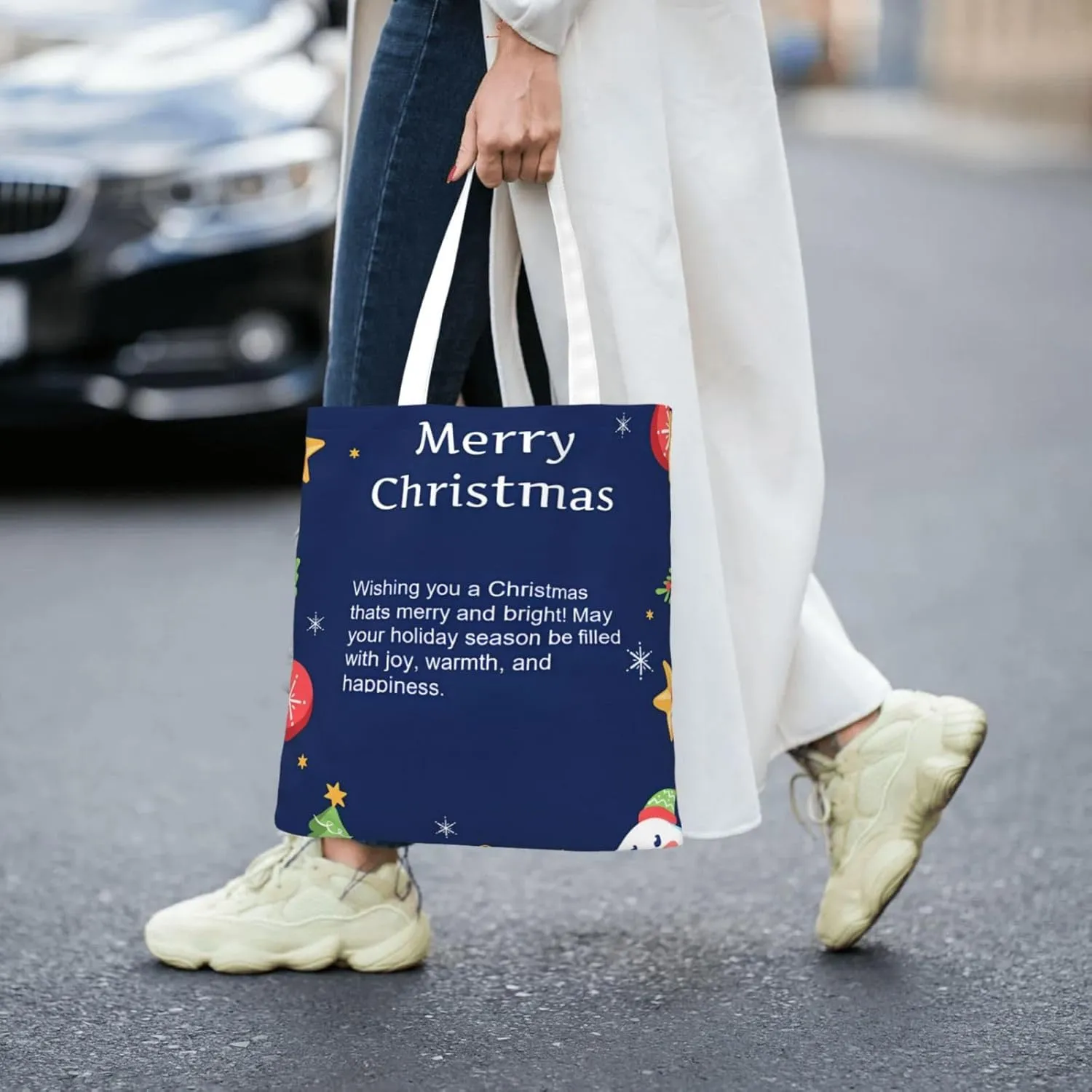 Merry Christmas Tree Snowflake Canvas Tote Bag for Women Reusable Grocery Shoulder Bags Shopping Handbags
