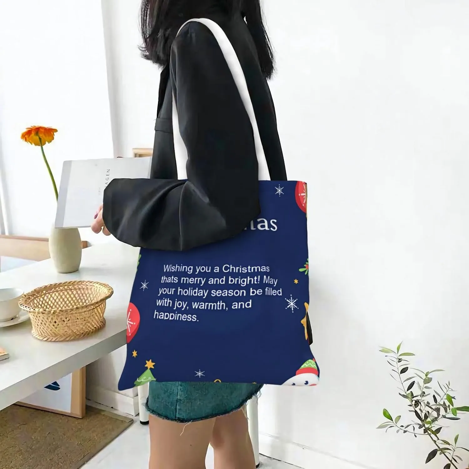 Merry Christmas Tree Snowflake Canvas Tote Bag for Women Reusable Grocery Shoulder Bags Shopping Handbags