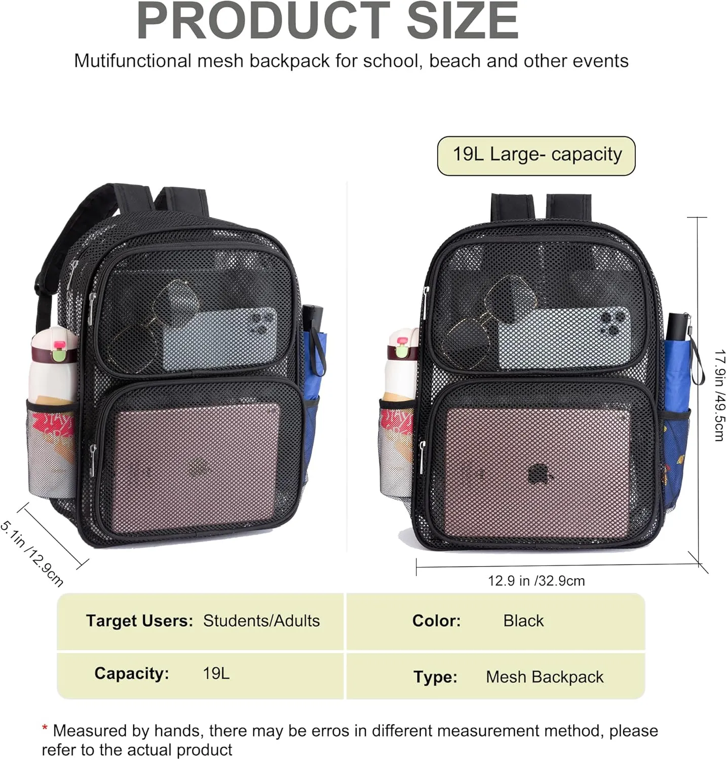 Mesh Backpack for School Heavy Duty Mesh Book bag Mesh See Through Backpack for School Beach, Travel