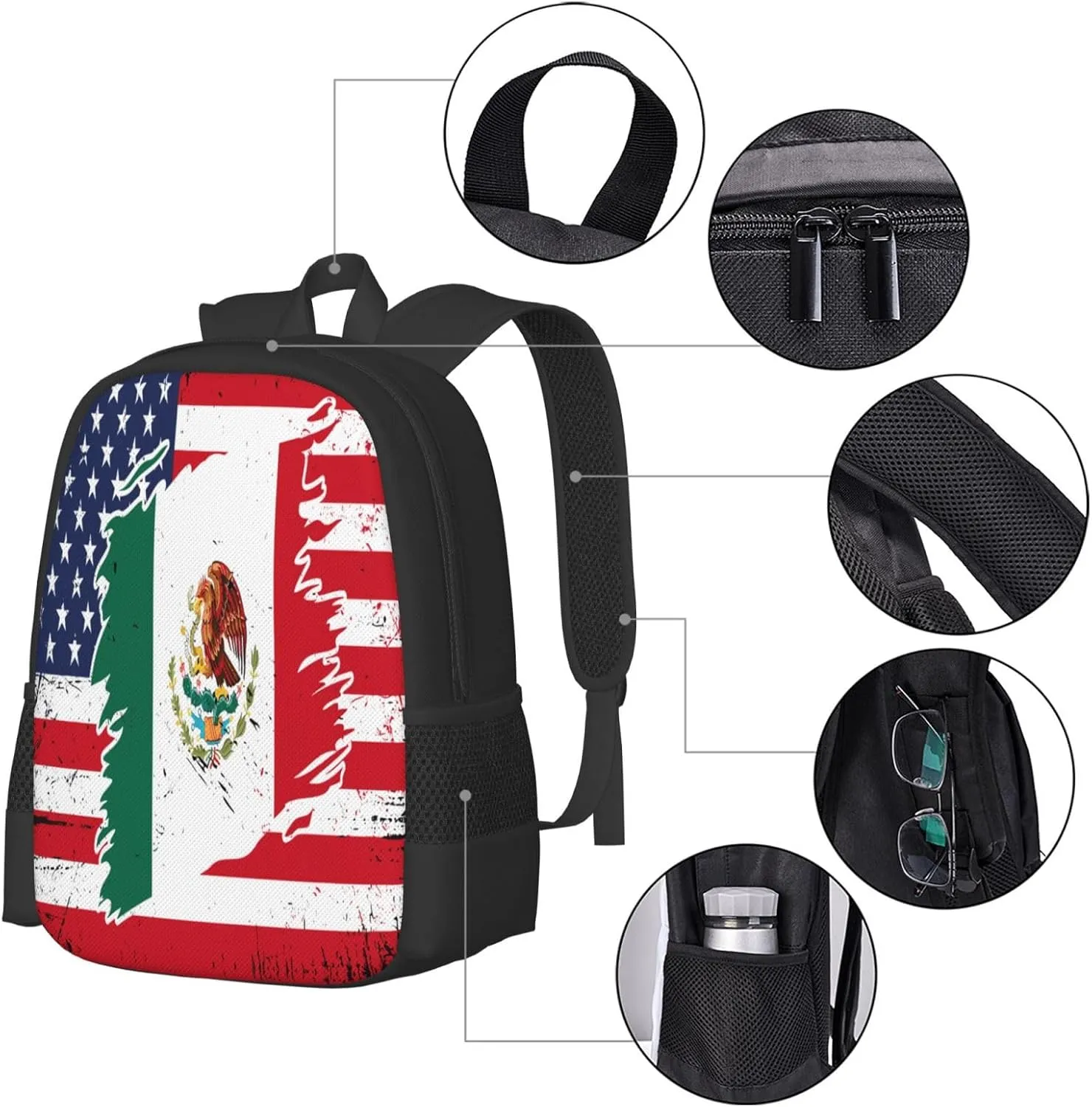 Mexican American Flag Travel Backpack Casual Backpacks 15 Inch Laptop Back Pack Lightweight Rucksack Outdoor Sport Daypack Large Bags for Working Camping Hiking