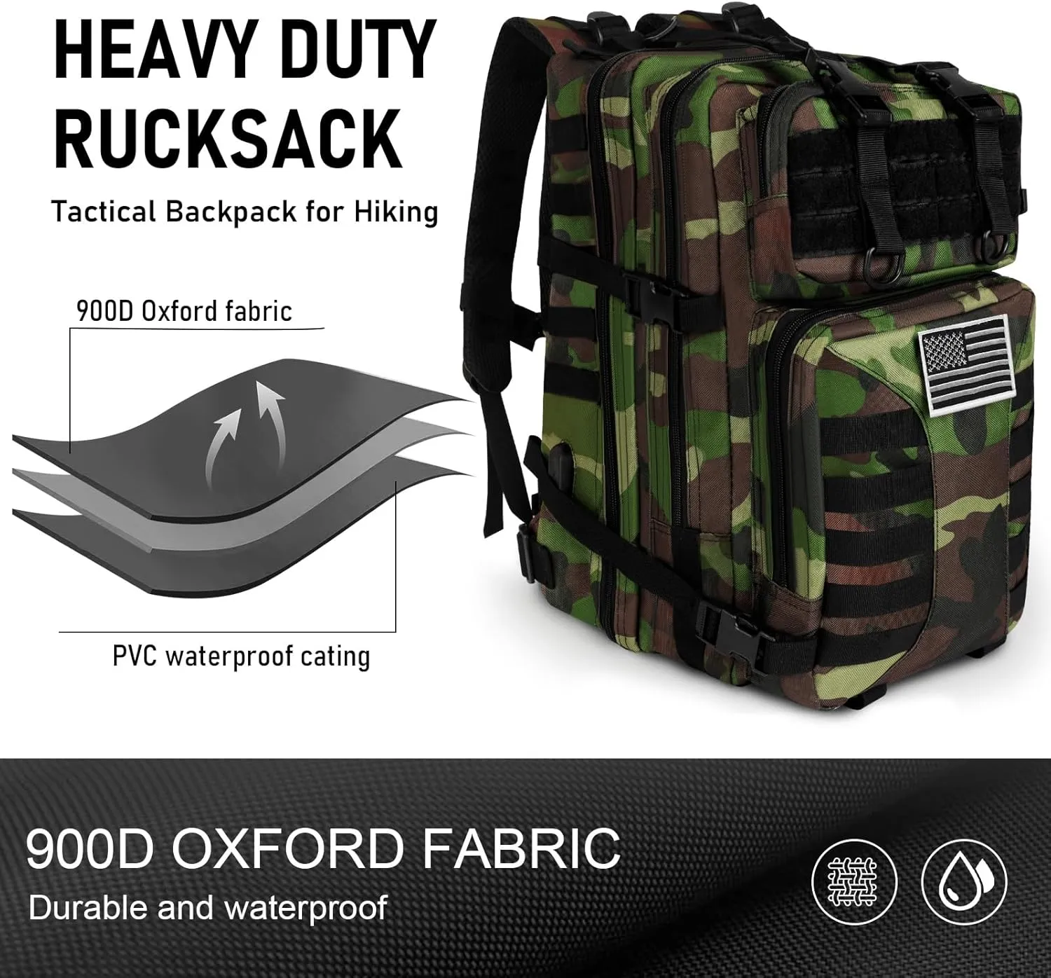 Military Tactical Backpack for Men - 45L Large Assault Tactical Backpacks Molle Hiking Pack 3 Days Bug Out Bag - Waterproof Tactical Rucksack for Camping/Traveling/Gym/Fishing - Green Camo