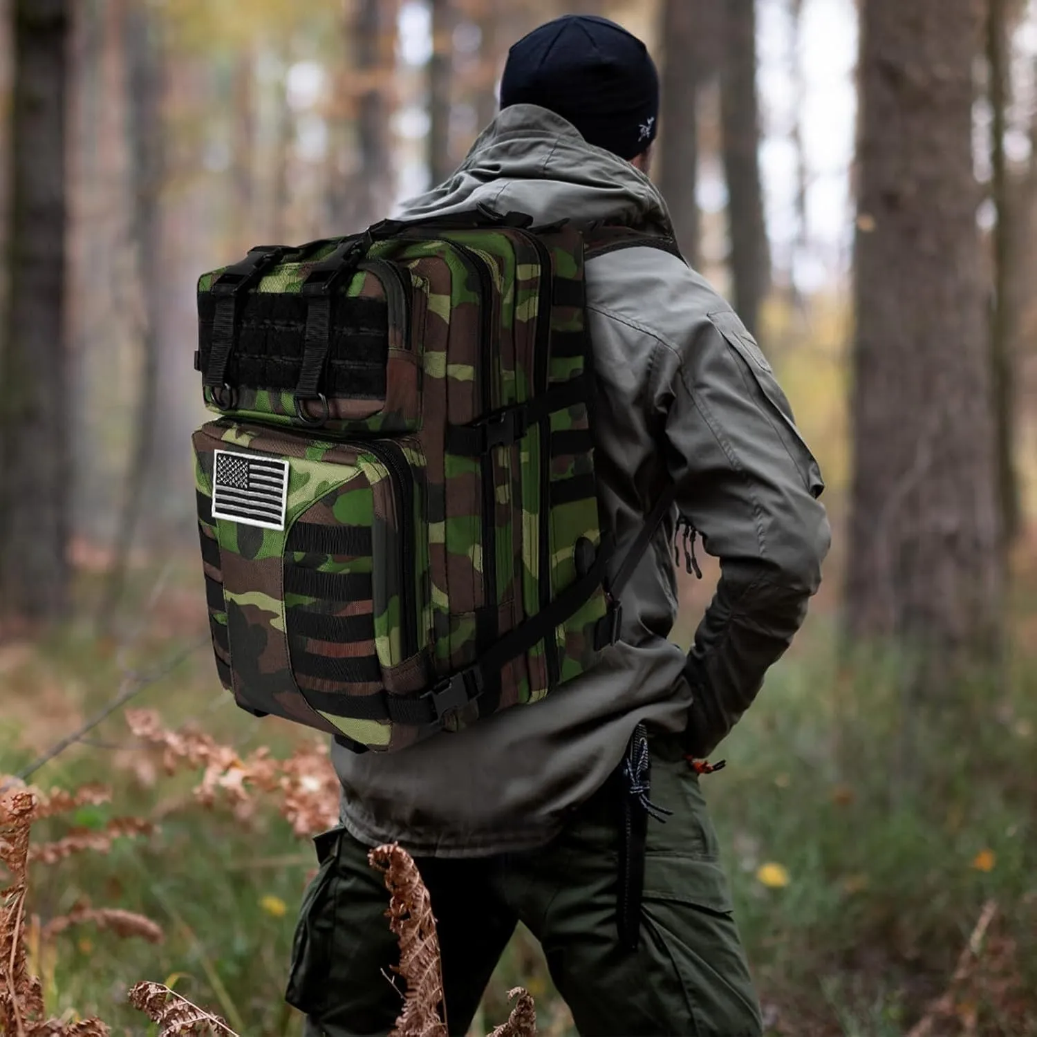 Military Tactical Backpack for Men - 45L Large Assault Tactical Backpacks Molle Hiking Pack 3 Days Bug Out Bag - Waterproof Tactical Rucksack for Camping/Traveling/Gym/Fishing - Green Camo