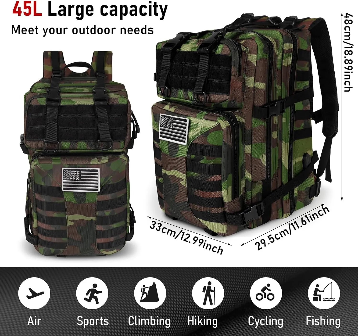 Military Tactical Backpack for Men - 45L Large Assault Tactical Backpacks Molle Hiking Pack 3 Days Bug Out Bag - Waterproof Tactical Rucksack for Camping/Traveling/Gym/Fishing - Green Camo