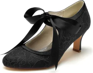 Minishion Ladies Dressy Shoes for Wedding Mary Jane Round Toe Evening Formal Pumps with Ribbon BR111