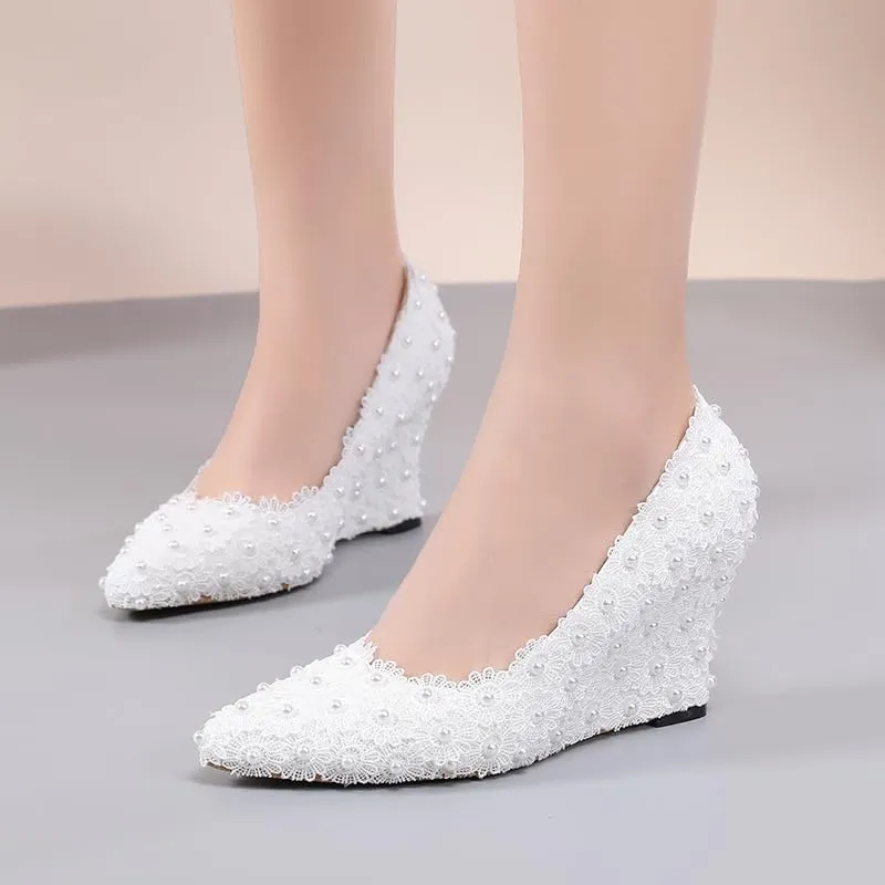 Minishion Womens Dress Wedge Shoes for Wedding Bridal Pumps with Lace Flower