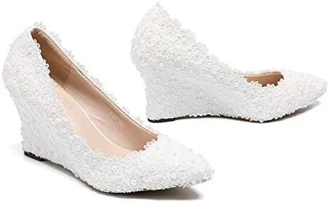 Minishion Womens Dress Wedge Shoes for Wedding Bridal Pumps with Lace Flower