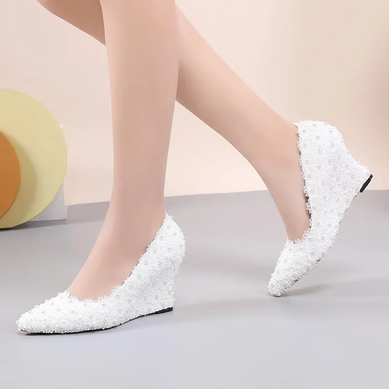 Minishion Womens Dress Wedge Shoes for Wedding Bridal Pumps with Lace Flower