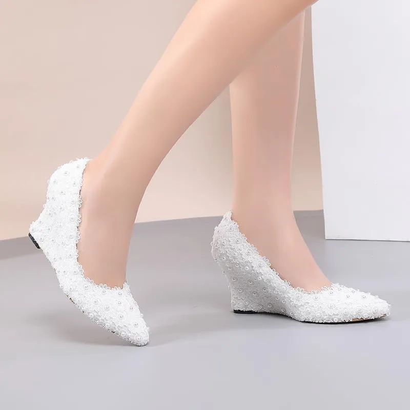 Minishion Womens Dress Wedge Shoes for Wedding Bridal Pumps with Lace Flower