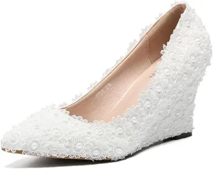 Minishion Womens Dress Wedge Shoes for Wedding Bridal Pumps with Lace Flower