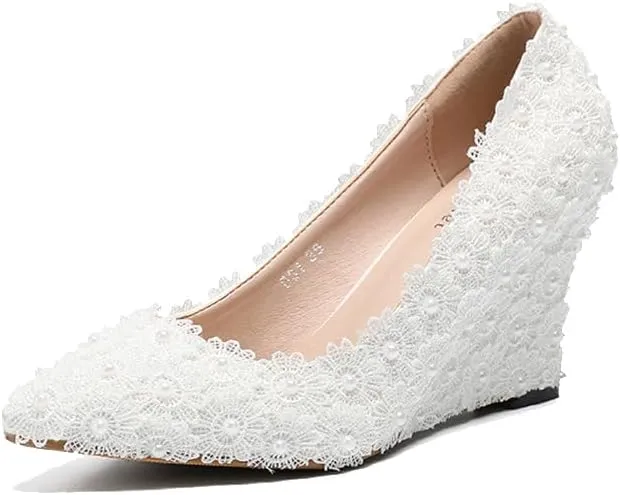 Minishion Womens Dress Wedge Shoes for Wedding Bridal Pumps with Lace Flower