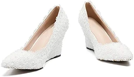 Minishion Womens Dress Wedge Shoes for Wedding Bridal Pumps with Lace Flower