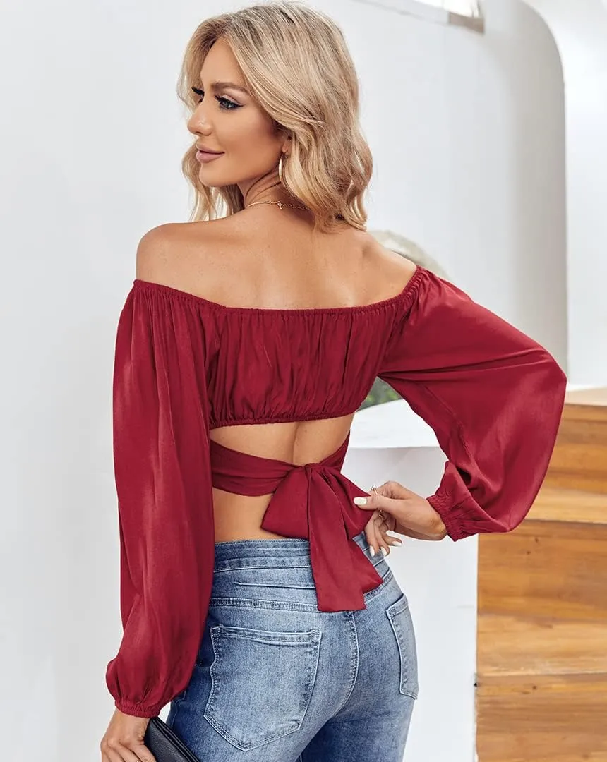 MIRACMODA Woman Off Shoulder Ruched Tie Back Crop Top Summer Lantern Sleeve Boho Shirt Blouse