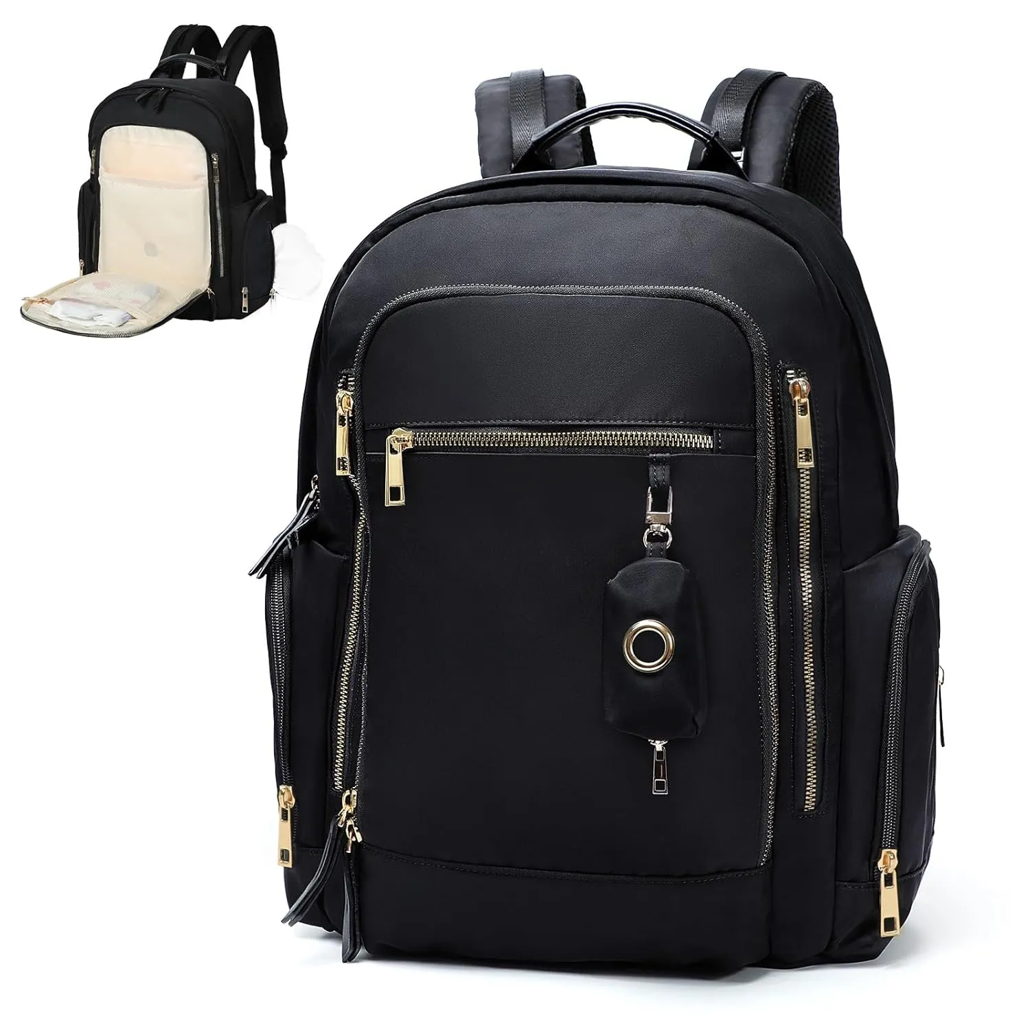 Miss Fong Diaper Backpack - Mommy & Dad Diaper Bag with Dispenser, 16 Pockets, Large Capacity, Travel & Baby Shower Gifts - Black