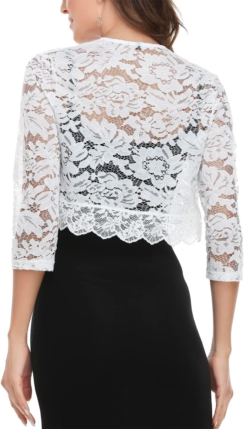 MISS MOLY Women's 3/4 Sleeve Sheer Floral Lace Bolero Shrug Top Cardigan