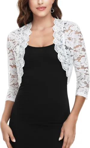 MISS MOLY Women's 3/4 Sleeve Sheer Floral Lace Bolero Shrug Top Cardigan