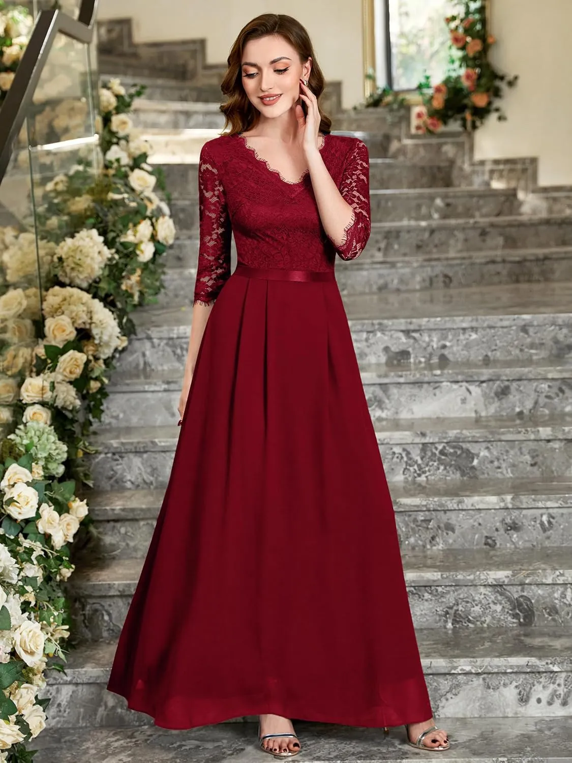 MISSMAY Women's Formal Floral Lace 2/3 Sleeves Long Evening Party Maxi Dress