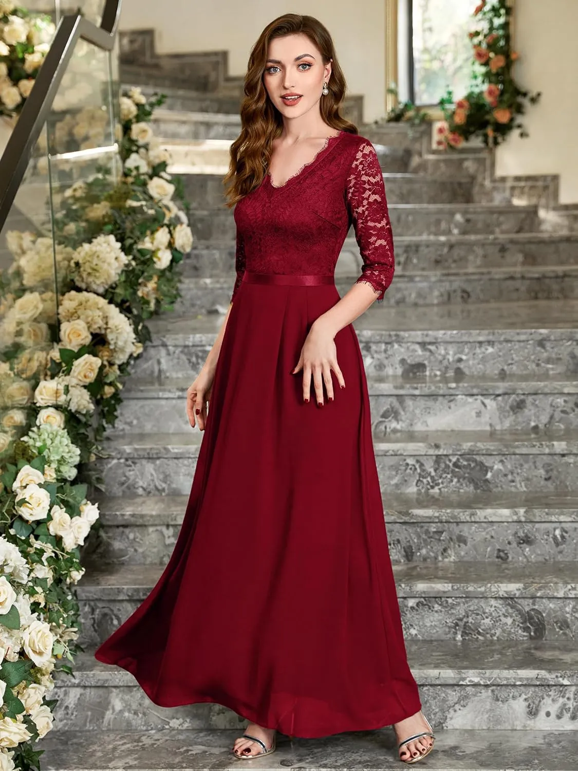 MISSMAY Women's Formal Floral Lace 2/3 Sleeves Long Evening Party Maxi Dress