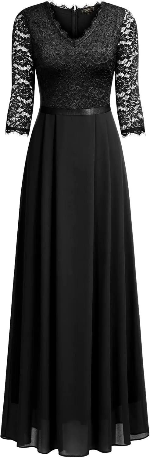 MISSMAY Women's Formal Floral Lace 2/3 Sleeves Long Evening Party Maxi Dress