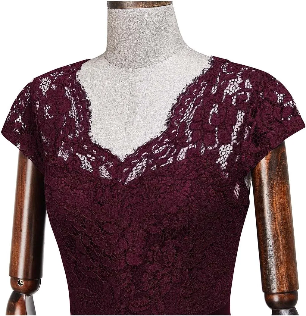 MISSMAY Women's Retro V-Neck Lace Split Style Evening Formal Long Dress
