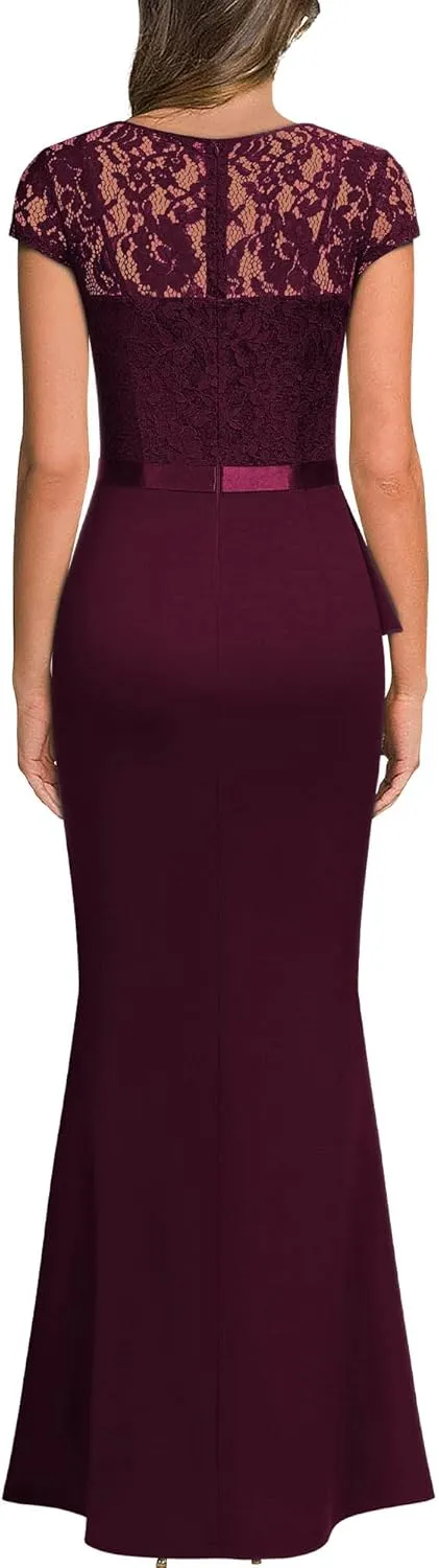 MISSMAY Women's Retro V-Neck Lace Split Style Evening Formal Long Dress