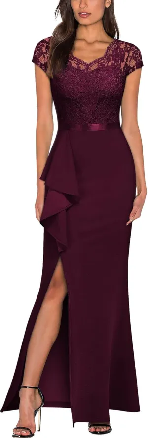 MISSMAY Women's Retro V-Neck Lace Split Style Evening Formal Long Dress
