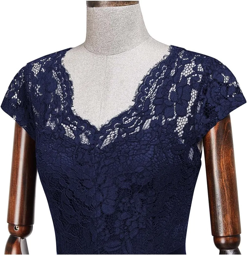 MISSMAY Women's Retro V-Neck Lace Split Style Evening Formal Long Dress