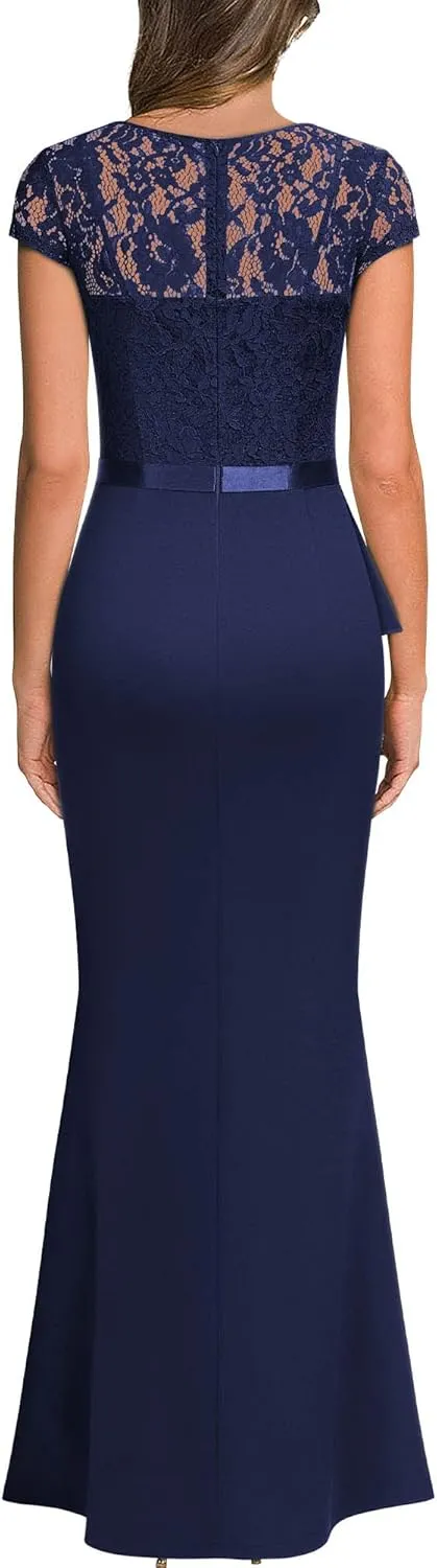 MISSMAY Women's Retro V-Neck Lace Split Style Evening Formal Long Dress