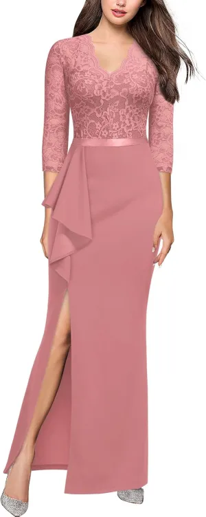 MISSMAY Women's Vintage Floral Lace Ruffle Half Sleeve Evening Party Formal Long Dress