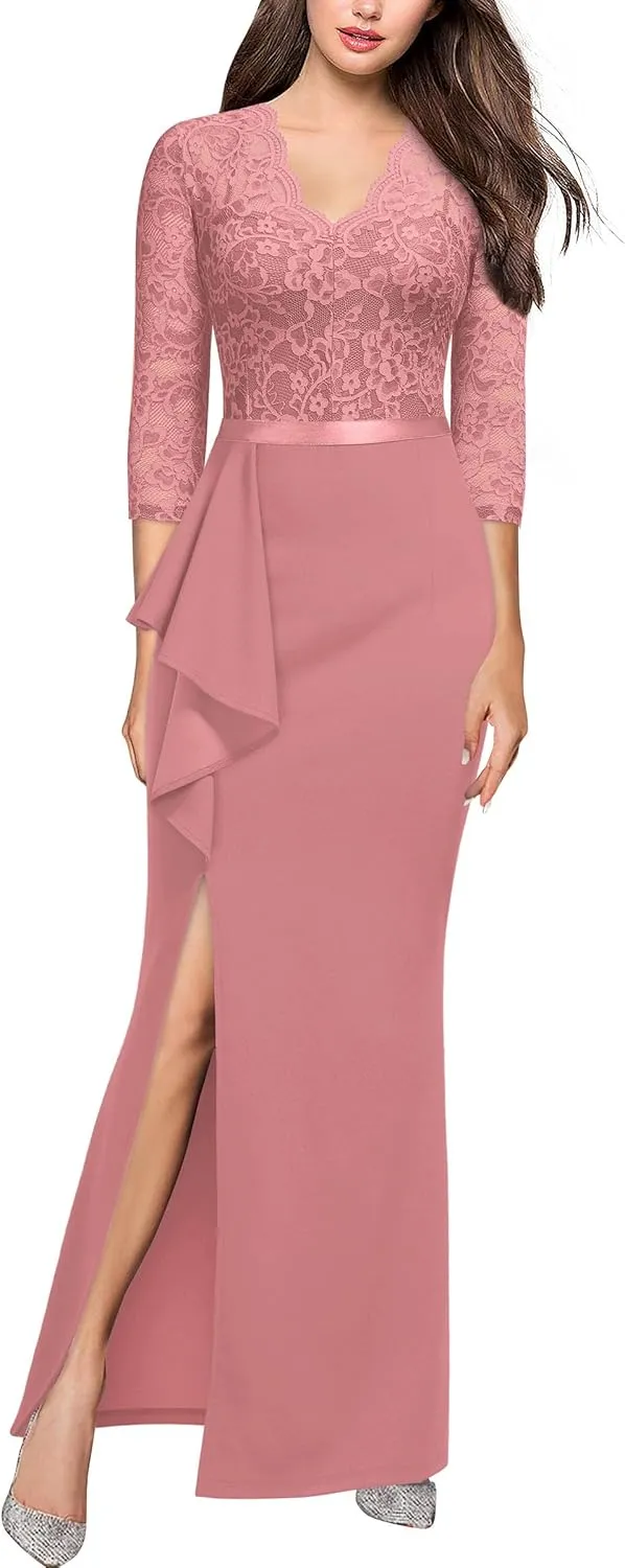 MISSMAY Women's Vintage Floral Lace Ruffle Half Sleeve Evening Party Formal Long Dress