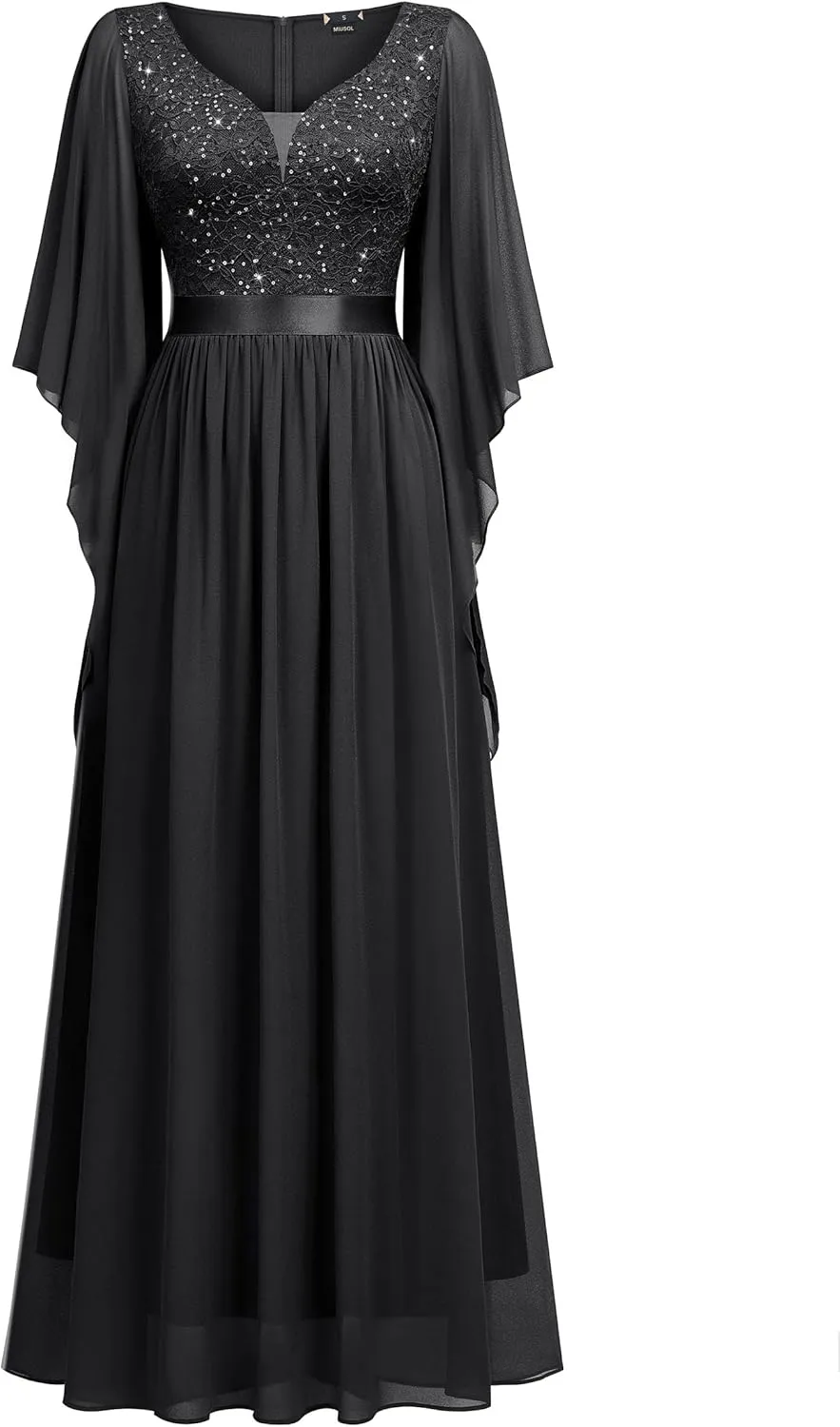 Miusol Women's Deep-V Neck Lace Contrast Sequin 3/4 Sleeve Formal Evening Maxi Dress