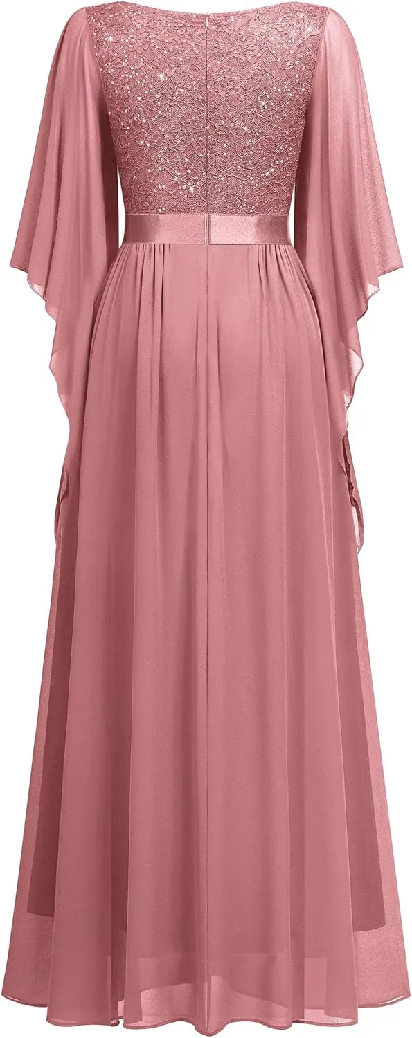 Miusol Women's Deep-V Neck Lace Contrast Sequin 3/4 Sleeve Formal Evening Maxi Dress