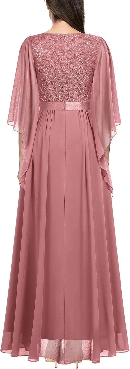 Miusol Women's Deep-V Neck Lace Contrast Sequin 3/4 Sleeve Formal Evening Maxi Dress