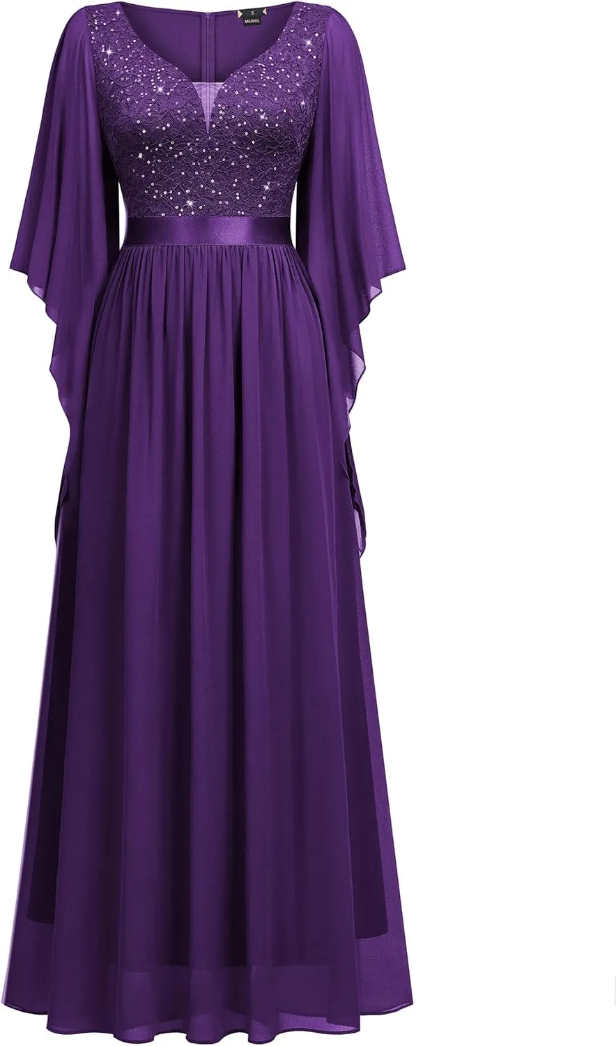 Miusol Women's Deep-V Neck Lace Contrast Sequin 3/4 Sleeve Formal Evening Maxi Dress