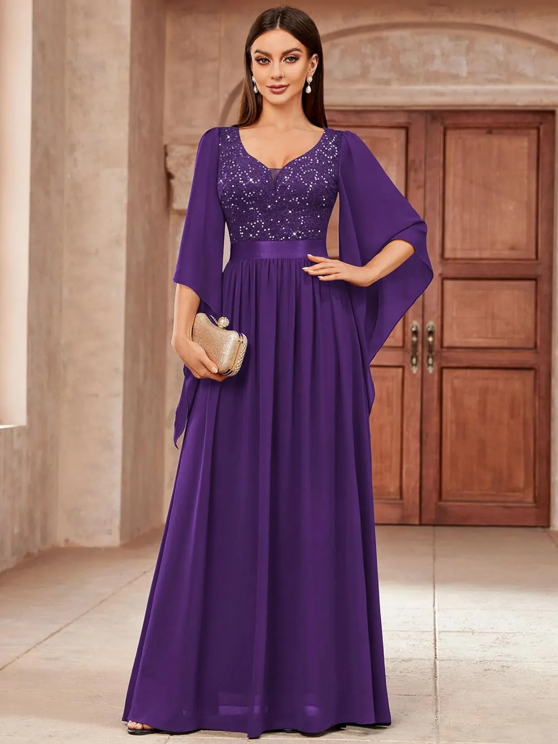 Miusol Women's Deep-V Neck Lace Contrast Sequin 3/4 Sleeve Formal Evening Maxi Dress