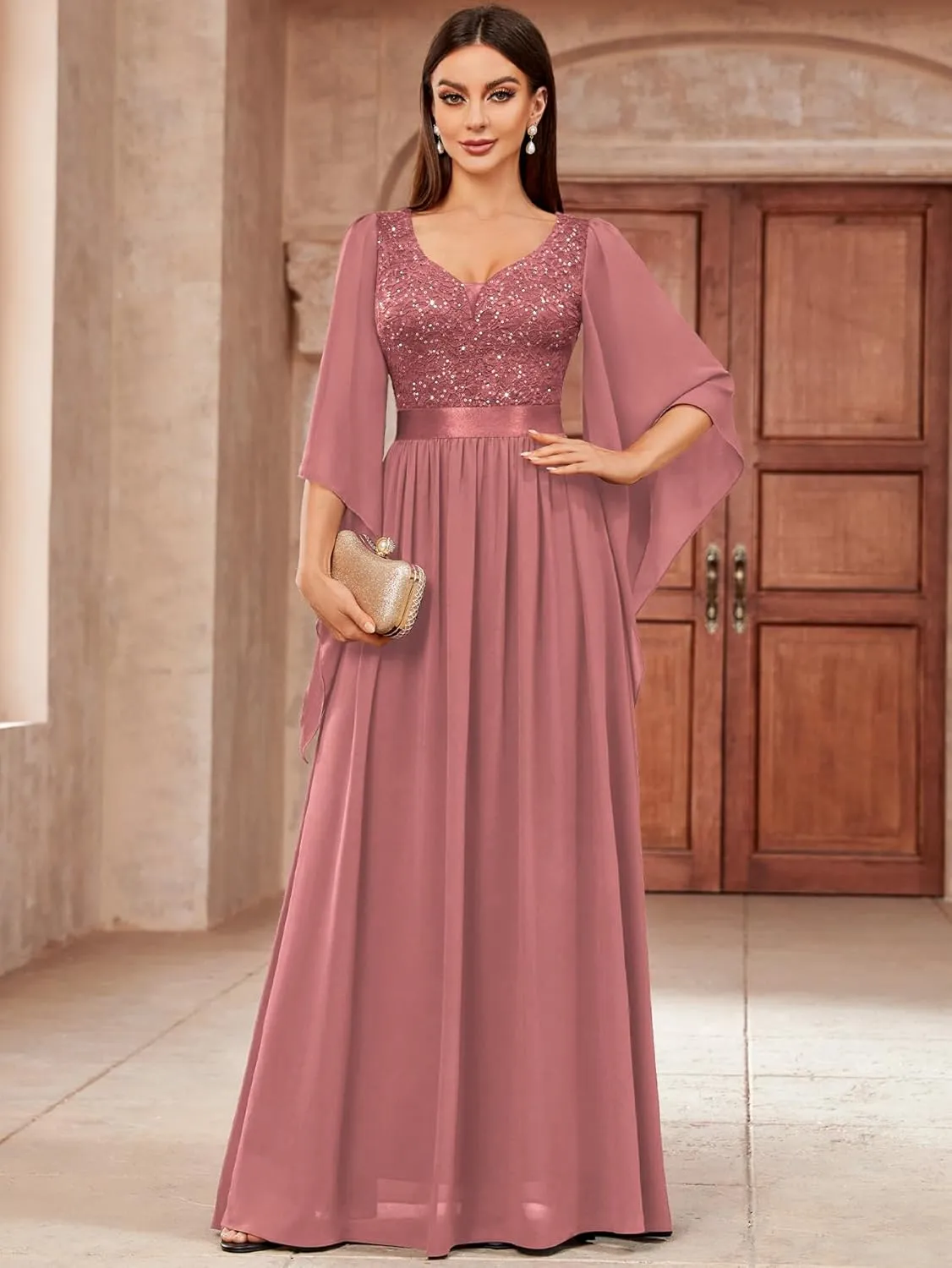 Miusol Women's Deep-V Neck Lace Contrast Sequin 3/4 Sleeve Formal Evening Maxi Dress