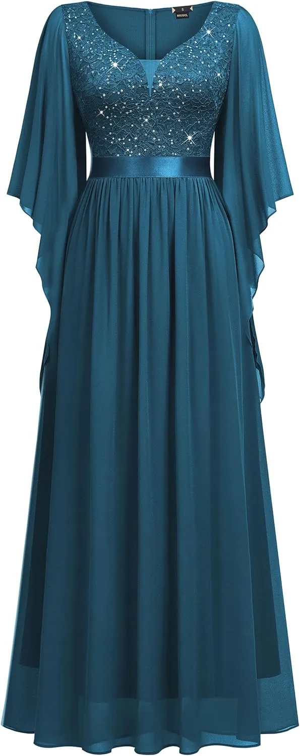 Miusol Women's Deep-V Neck Lace Contrast Sequin 3/4 Sleeve Formal Evening Maxi Dress
