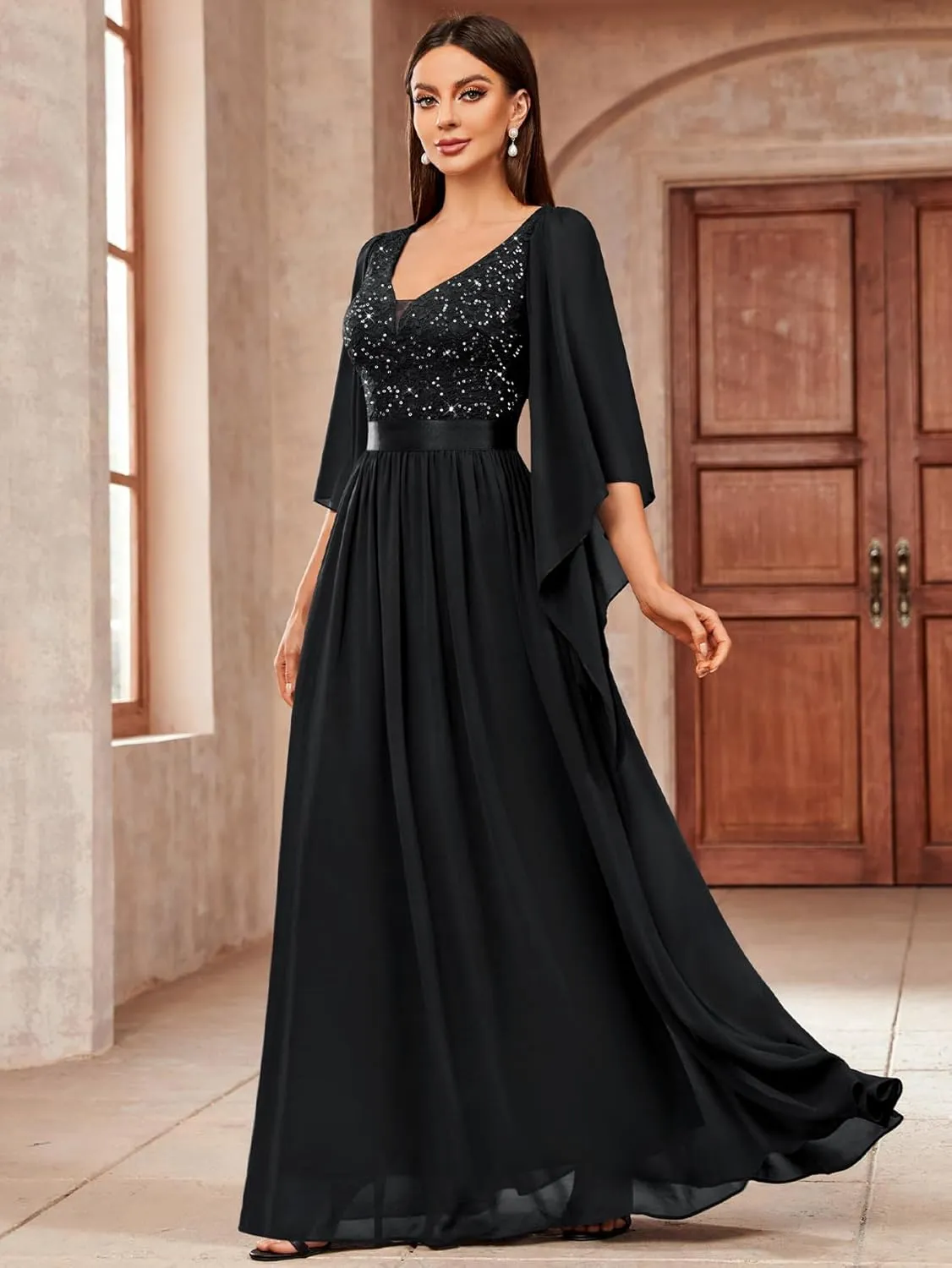 Miusol Women's Deep-V Neck Lace Contrast Sequin 3/4 Sleeve Formal Evening Maxi Dress