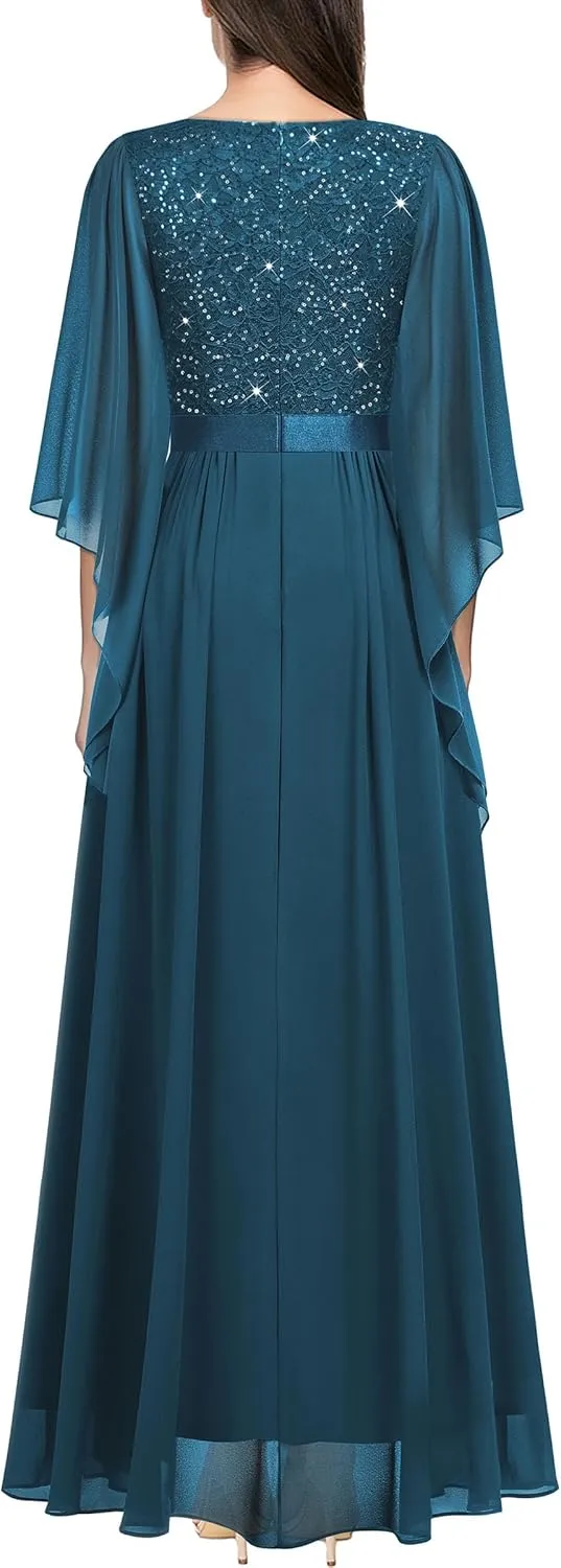 Miusol Women's Deep-V Neck Lace Contrast Sequin 3/4 Sleeve Formal Evening Maxi Dress