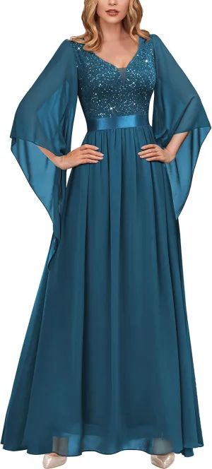 Miusol Women's Deep-V Neck Lace Contrast Sequin 3/4 Sleeve Formal Evening Maxi Dress