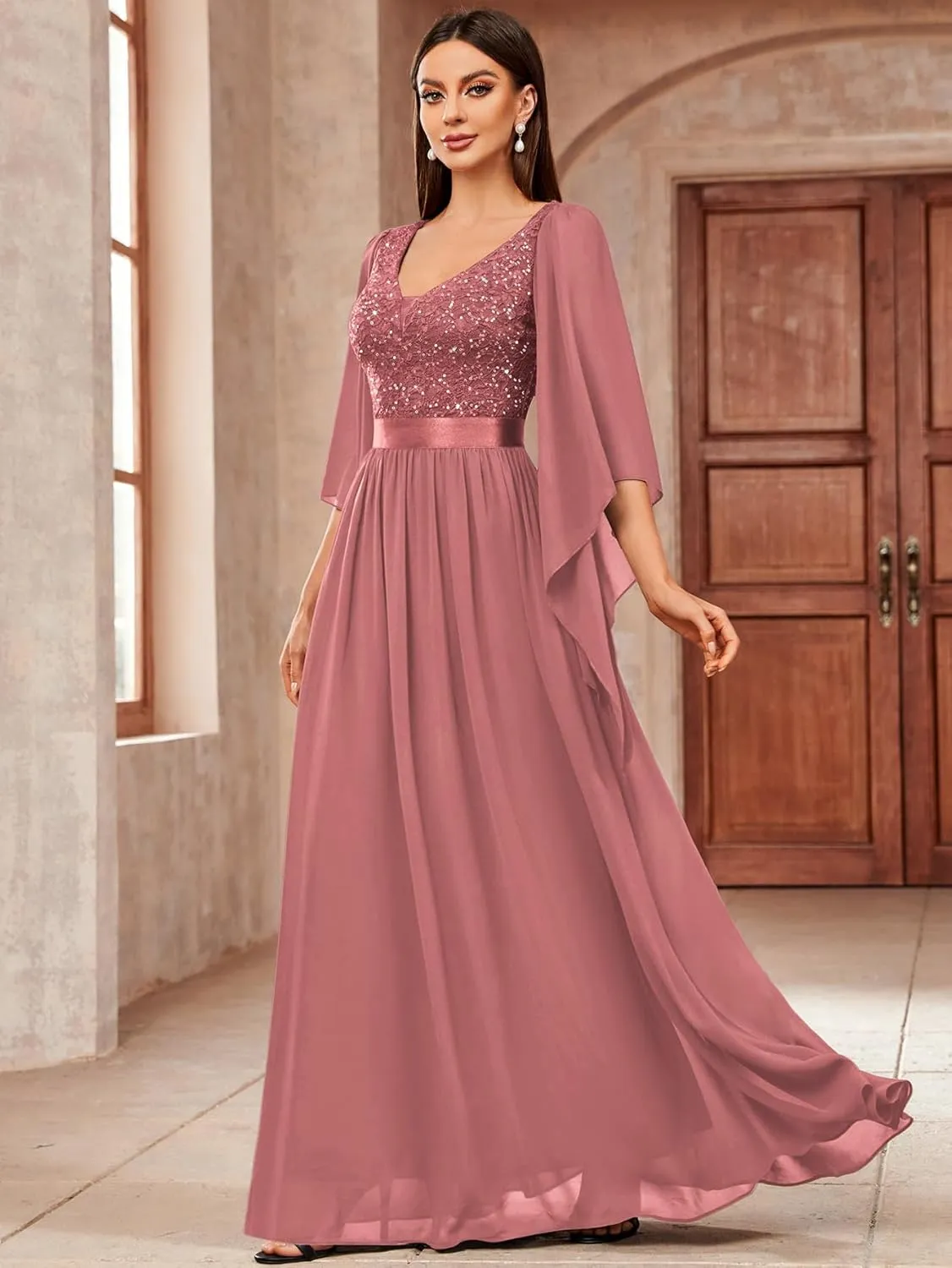 Miusol Women's Deep-V Neck Lace Contrast Sequin 3/4 Sleeve Formal Evening Maxi Dress