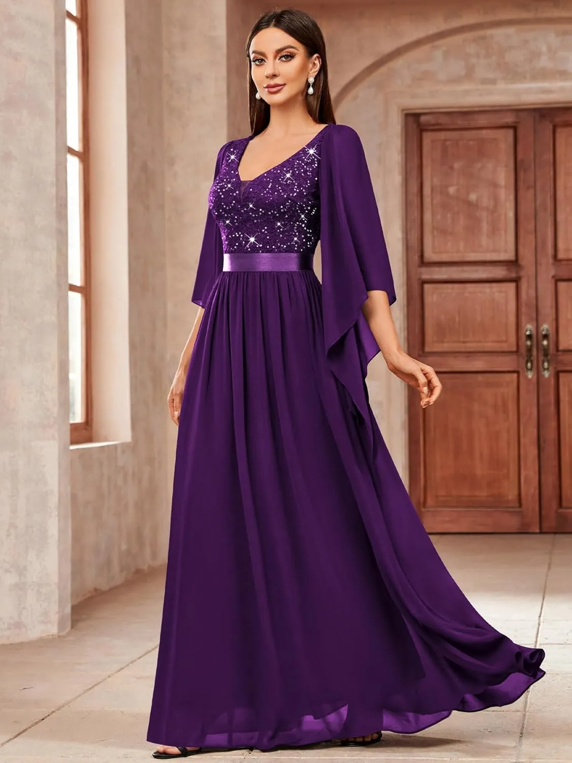 Miusol Women's Deep-V Neck Lace Contrast Sequin 3/4 Sleeve Formal Evening Maxi Dress