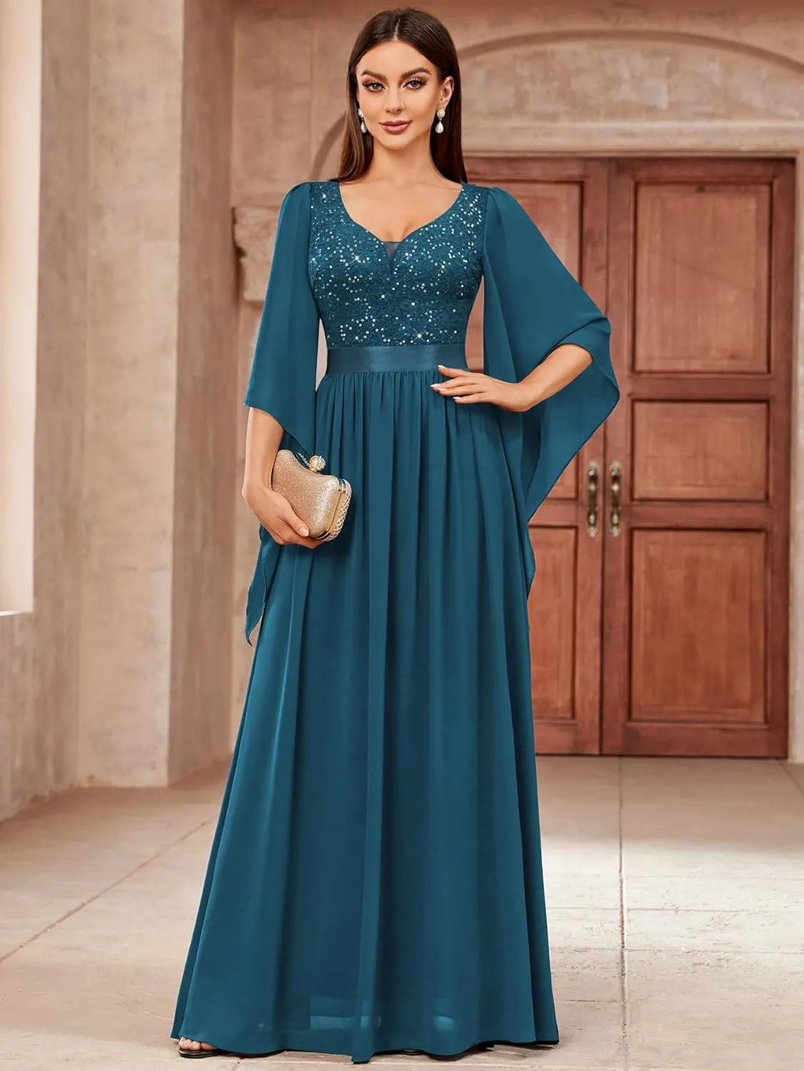 Miusol Women's Deep-V Neck Lace Contrast Sequin 3/4 Sleeve Formal Evening Maxi Dress