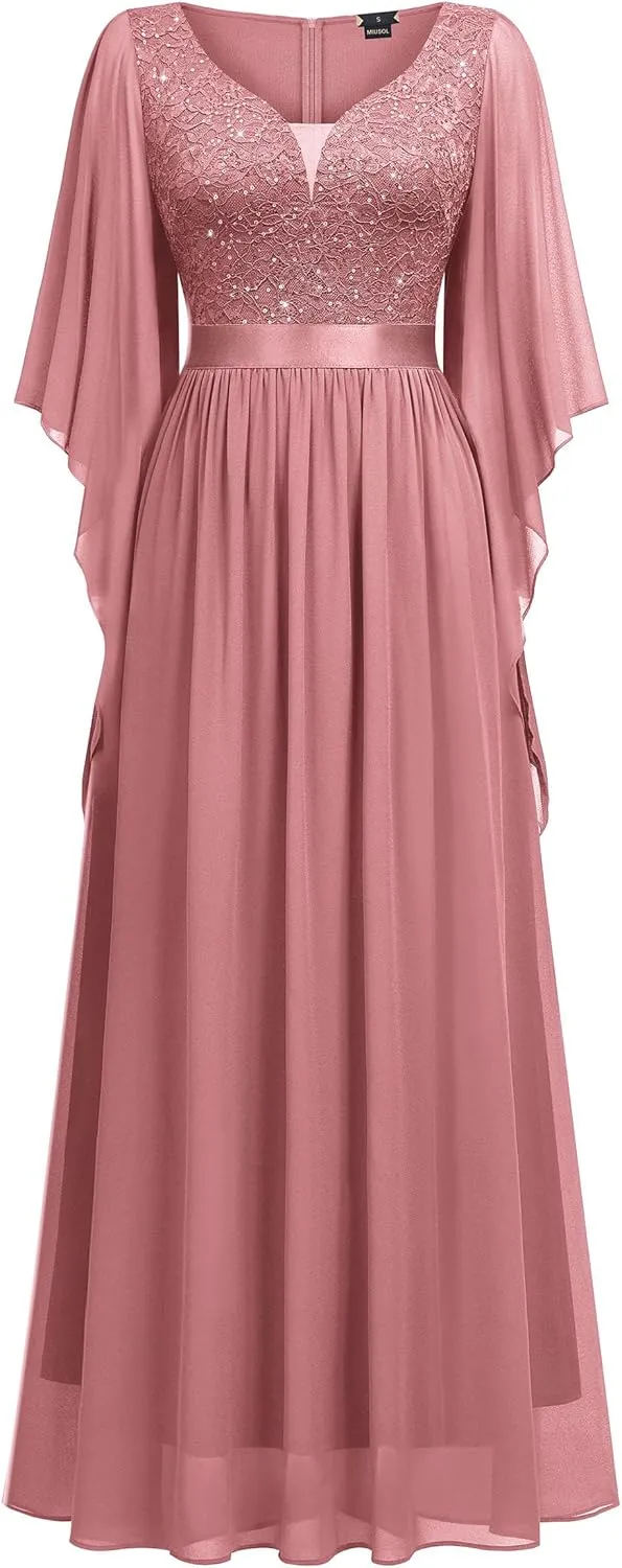 Miusol Women's Deep-V Neck Lace Contrast Sequin 3/4 Sleeve Formal Evening Maxi Dress